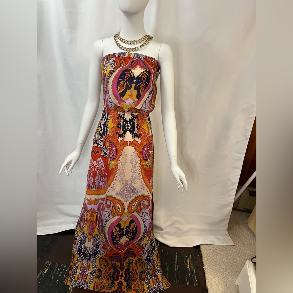 Multicolor Paisley Boho Strapless Maxi Dress